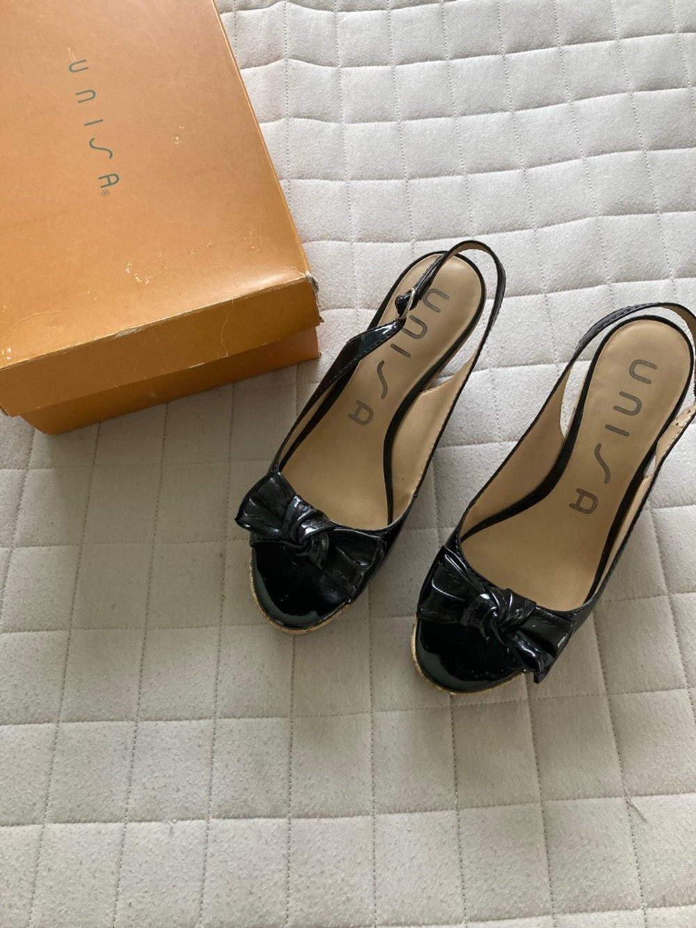 Unisa Women’s Black Patent Slingback Peep-Toe Mules with Bow Accent - 3” heels